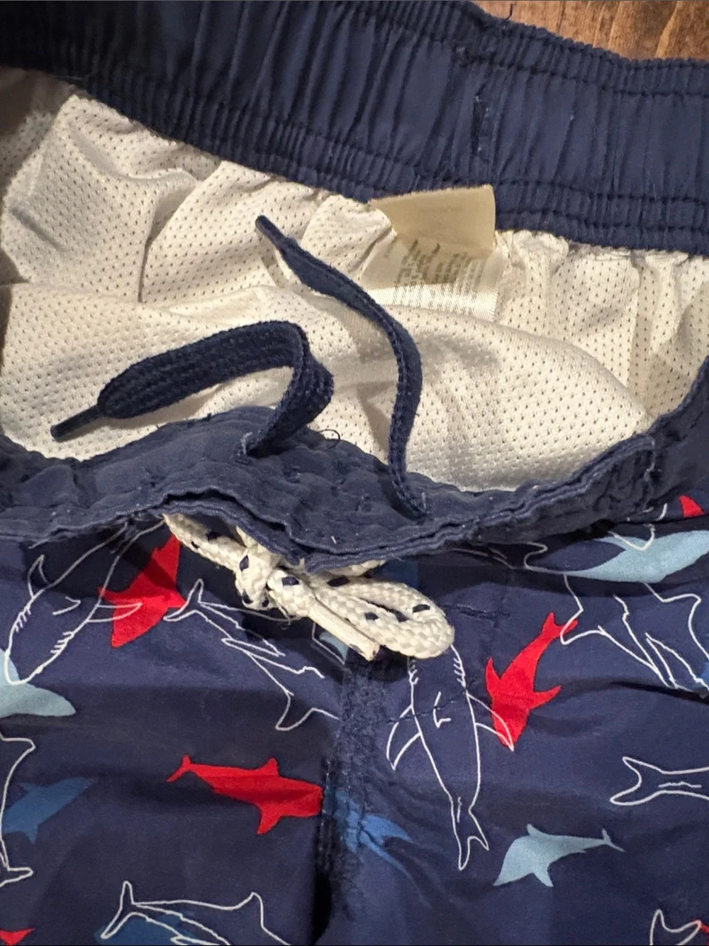 OshKosh B'gosh Navy Shark Swim Shorts with Red and Light Blue Accents